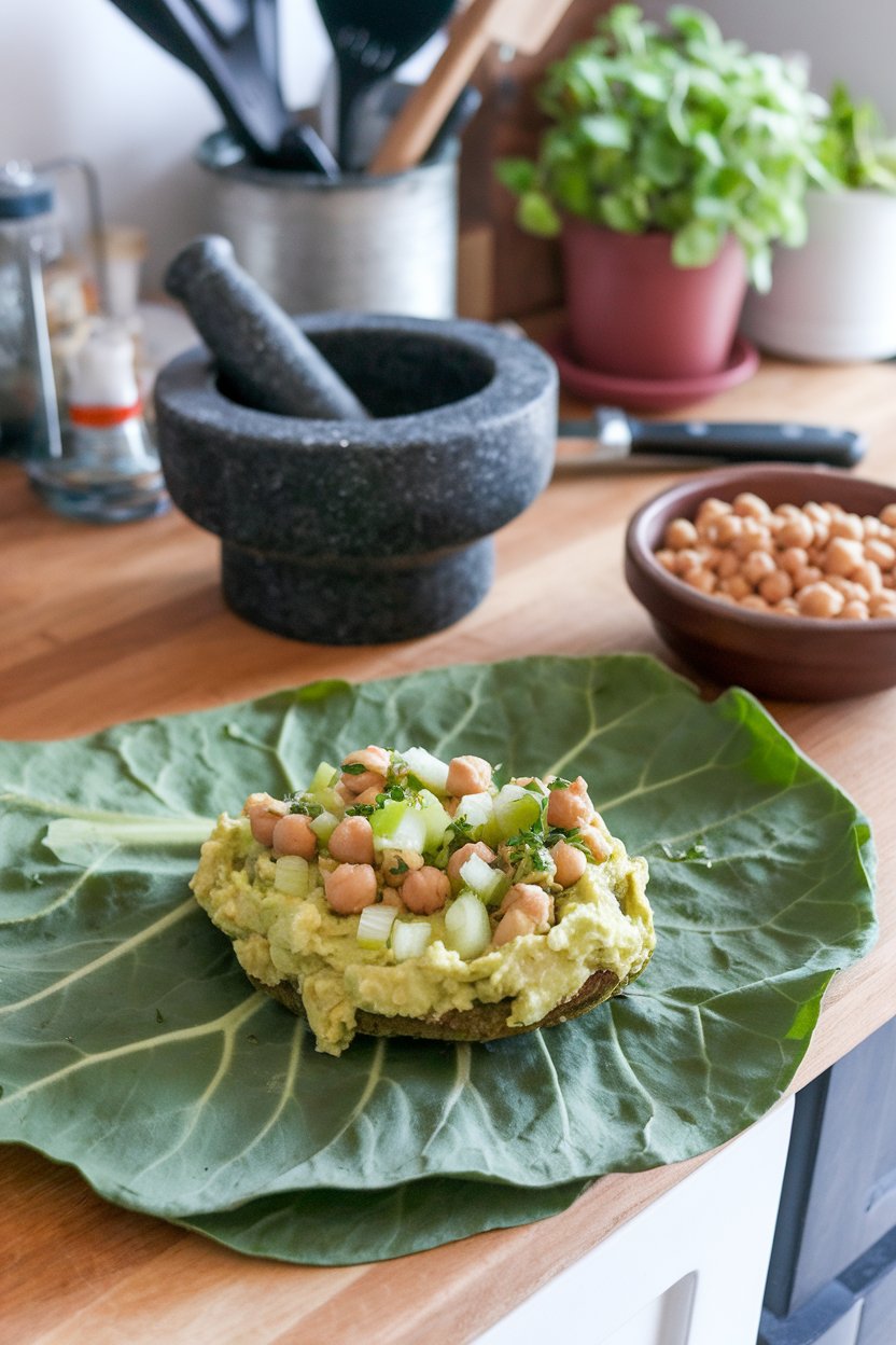 An indoor kitchen island scene showing large leafy collard green wraps stuffed with mashed avocado, chickpeas, diced celery, and herbs. No text or logos on surfaces.