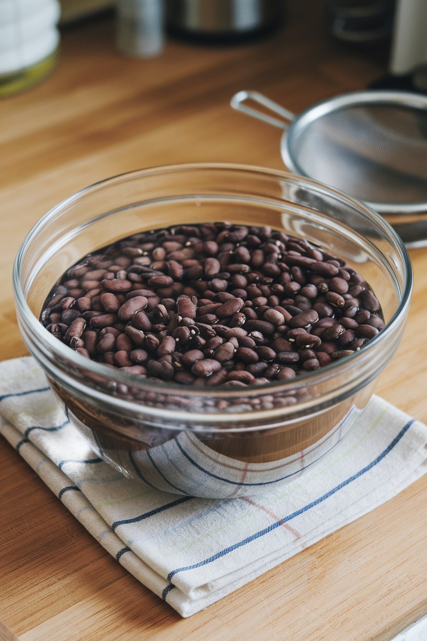 Photo — A glass bowl of dried black beans soaking in water on a countertop indoors. No text or logos.