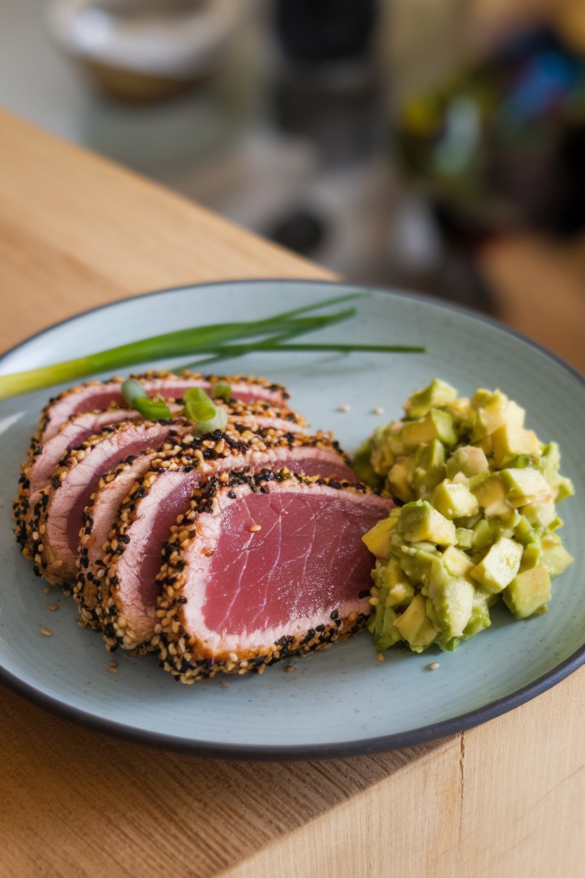 An indoor plate featuring seared, fully cooked sesame-crusted tuna slices fanned beside a chunky avocado salsa; no text or logos.