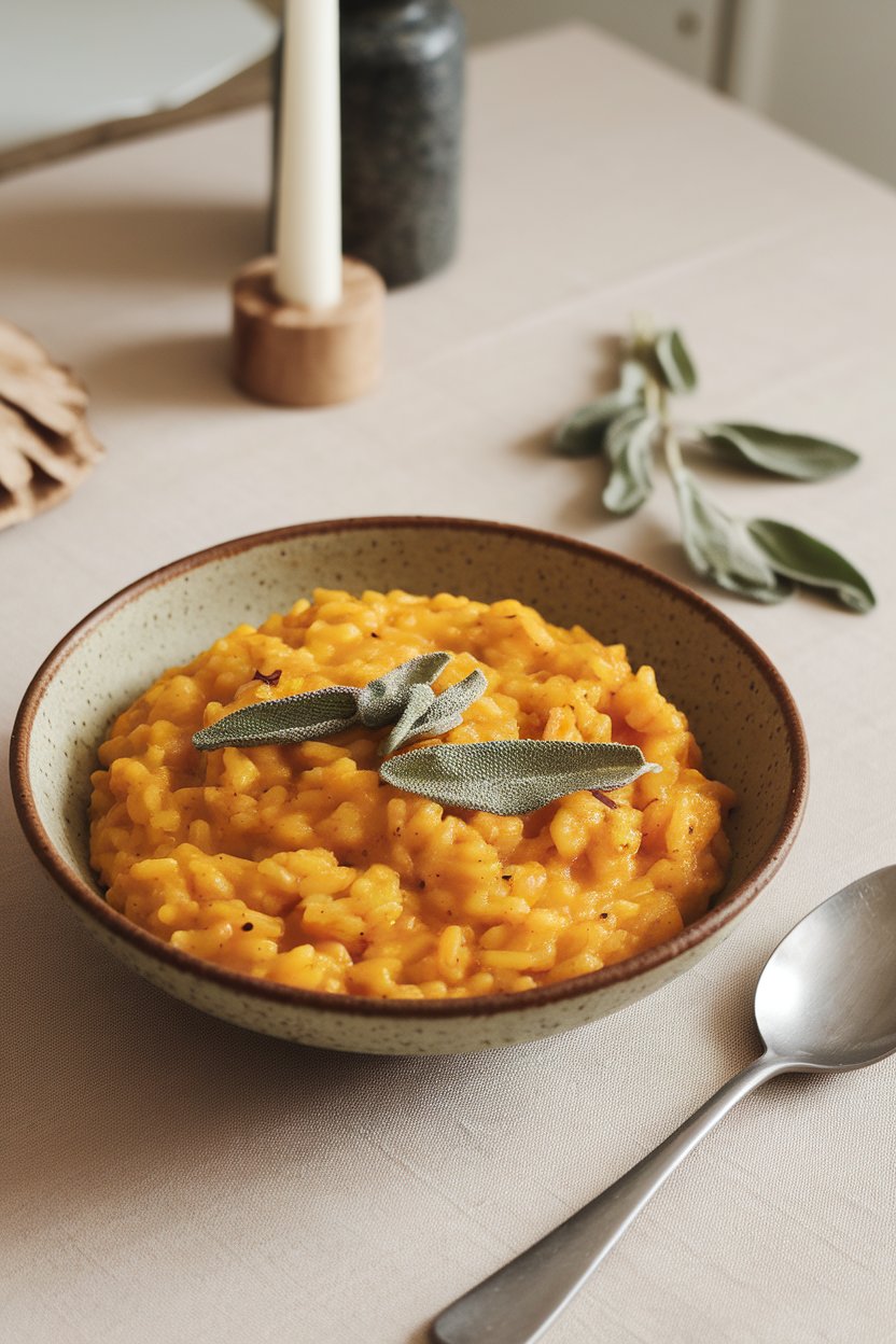 An indoor dining table showcasing a shallow bowl of orange-tinted pumpkin risotto, fresh sage leaves on top, spoon resting nearby. No text or logos; photo, not illustration.