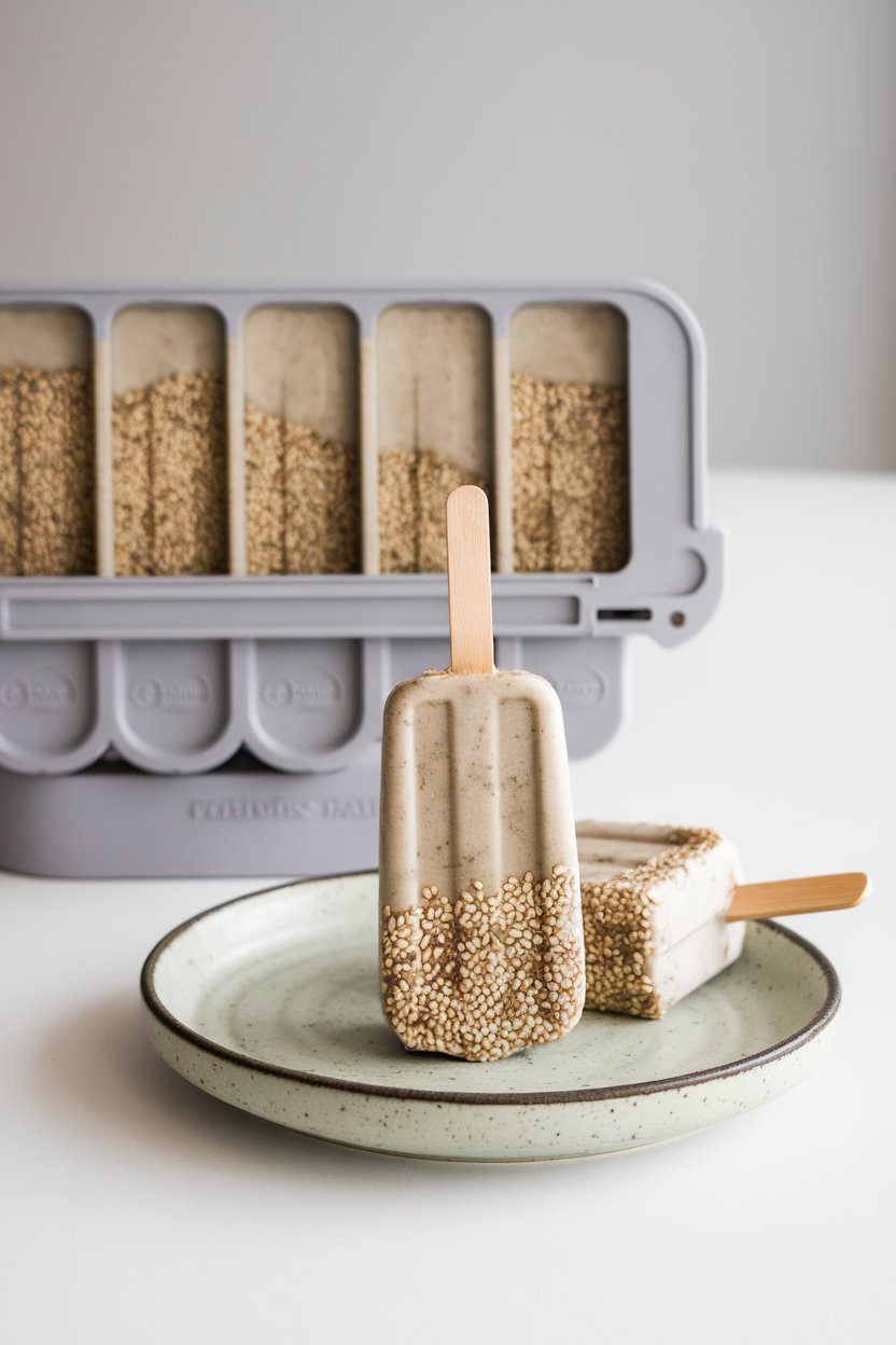 Indoor popsicle mold filled with pale gray banana sesame mixture, one pop out on a plate. No text or logos.
