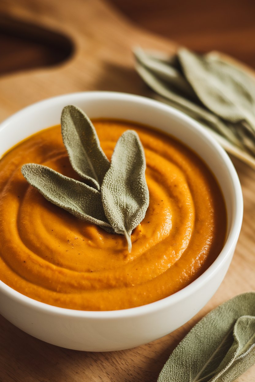 Indoor photo of smooth pumpkin soup garnished with crispy sage leaves, warm fall lighting; no text or logos