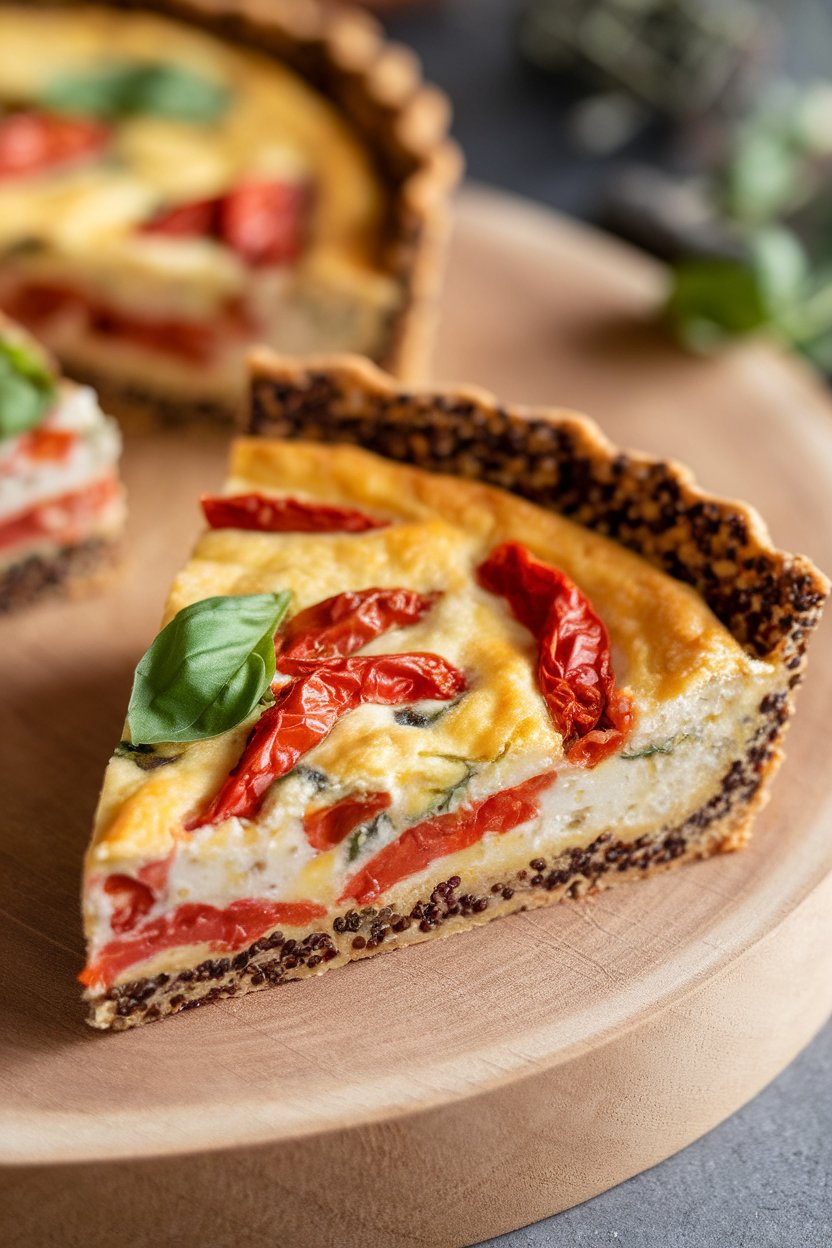 Indoor scene with a triangular quiche slice featuring visible sun-dried tomato bits and basil, quinoa crust edge prominent, no text or logos.