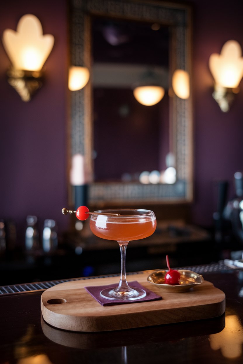 An indoor art-deco bar with a coupe Sparkling Aviation, pale purple hue and maraschino cherry. No text or logos.