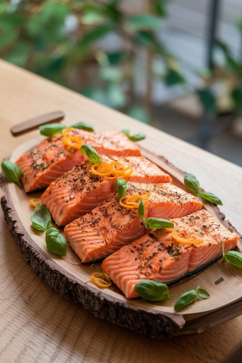 Although grilled earlier, the indoor photo shows a platter of finished salmon fillets topped with basil ribbons and citrus zest, resting on a wooden table. No logos or text appear.