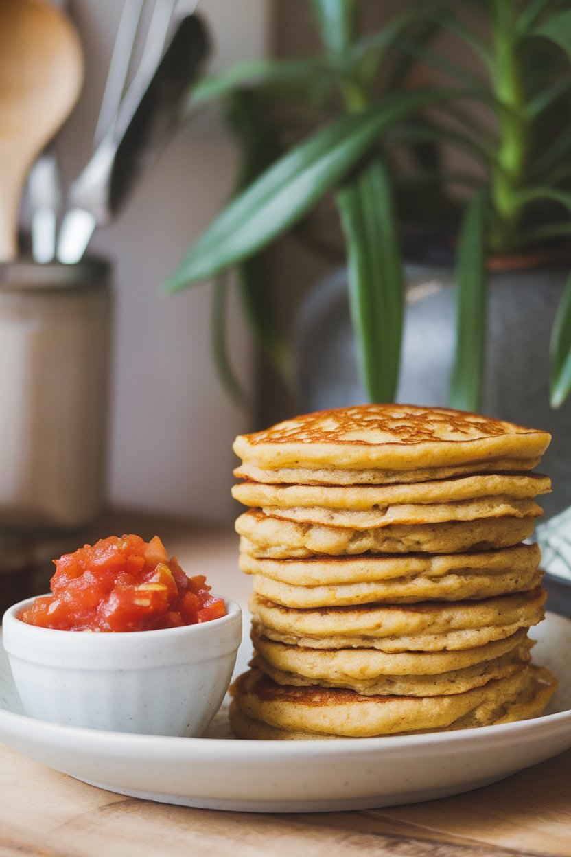 A cozy breakfast nook displaying a stack of savory chickpea-flour pancakes beside a small bowl of chunky tomato relish; photo only, no text or logos.