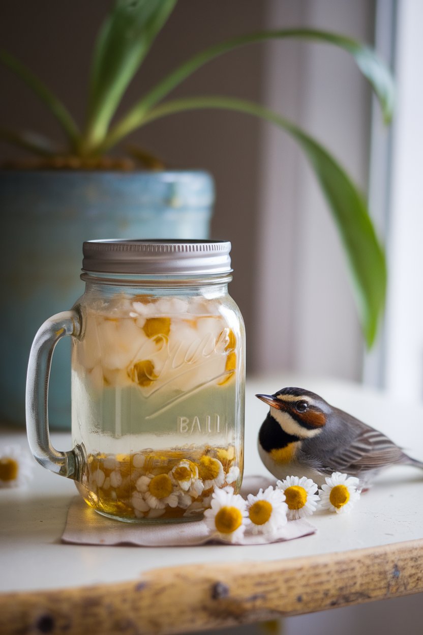 A photo of a chilled mason jar indoors, holding pale chamomile tea over ice, a honey dipper resting nearby; no text or logos.