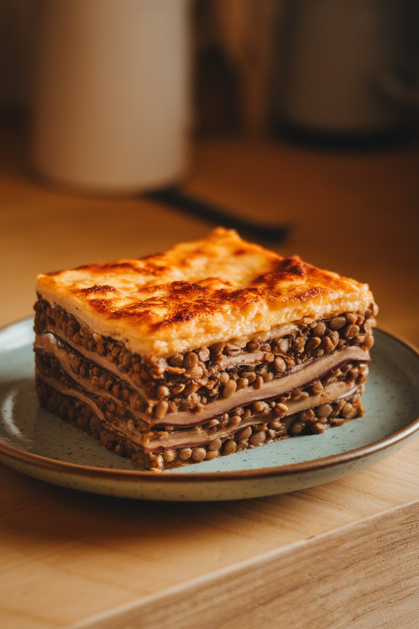 Indoor photo of a square of baked eggplant moussaka with visible lentil layers on a plate; warm indoor light, no text or logos