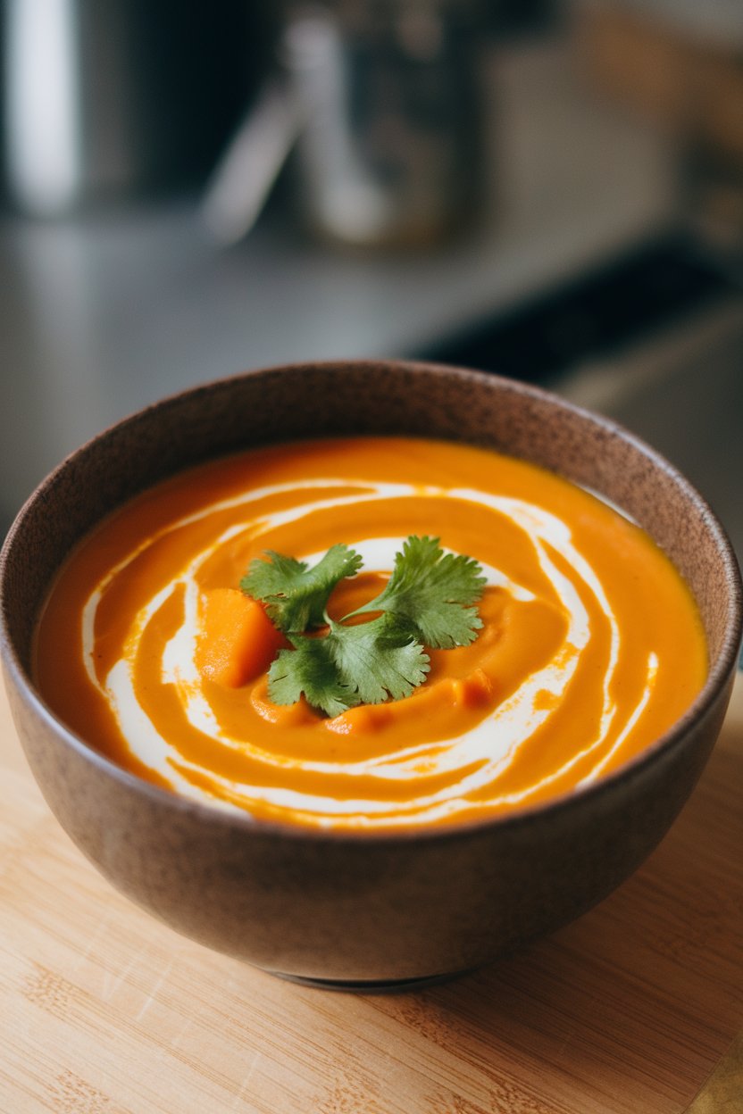 An indoor bowl of velvety orange sweet potato soup swirled with coconut milk, garnished with fresh cilantro. No text or logos. Photo, not illustration.