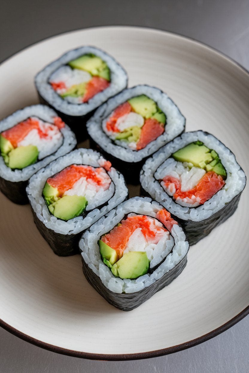 Photo of sliced sushi rolls filled with cooked crab, cucumber, and avocado arranged neatly on an indoor plate; no text or logos visible.