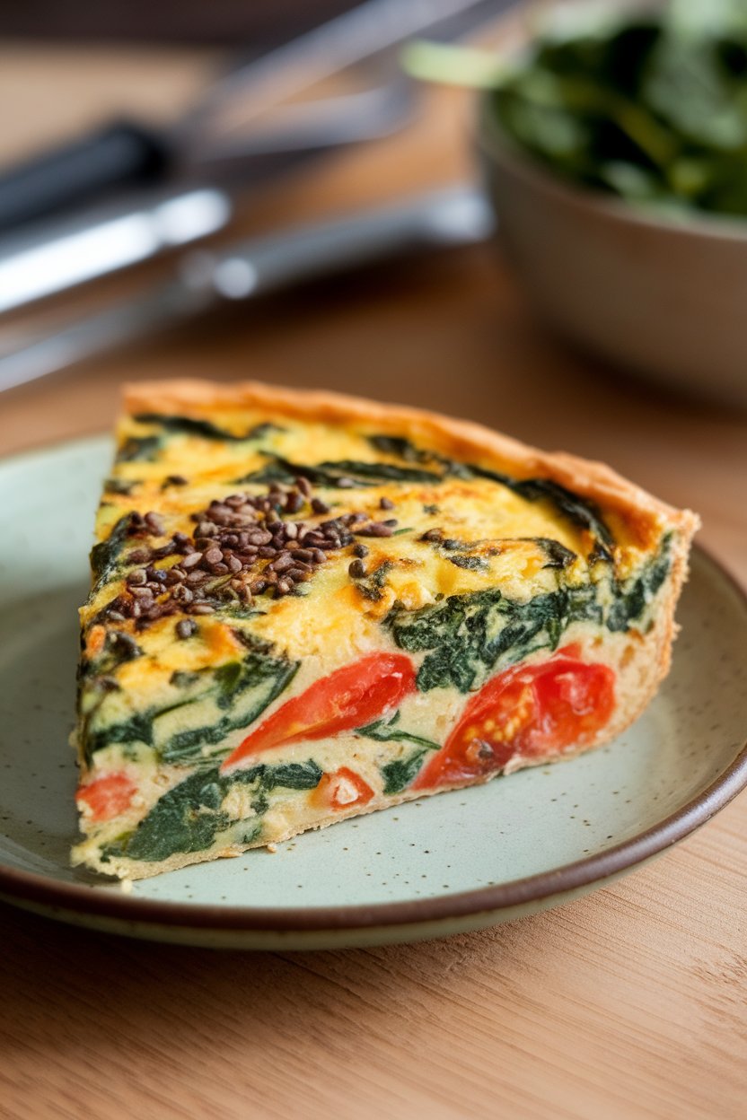 Indoor photo of wedge of vegetable frittata with spinach and tomatoes on a small plate, no text or logos