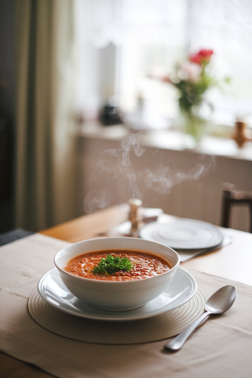 Photo of an indoor kitchen table with a bowl of steaming red lentil soup garnished with parsley; no text or logos