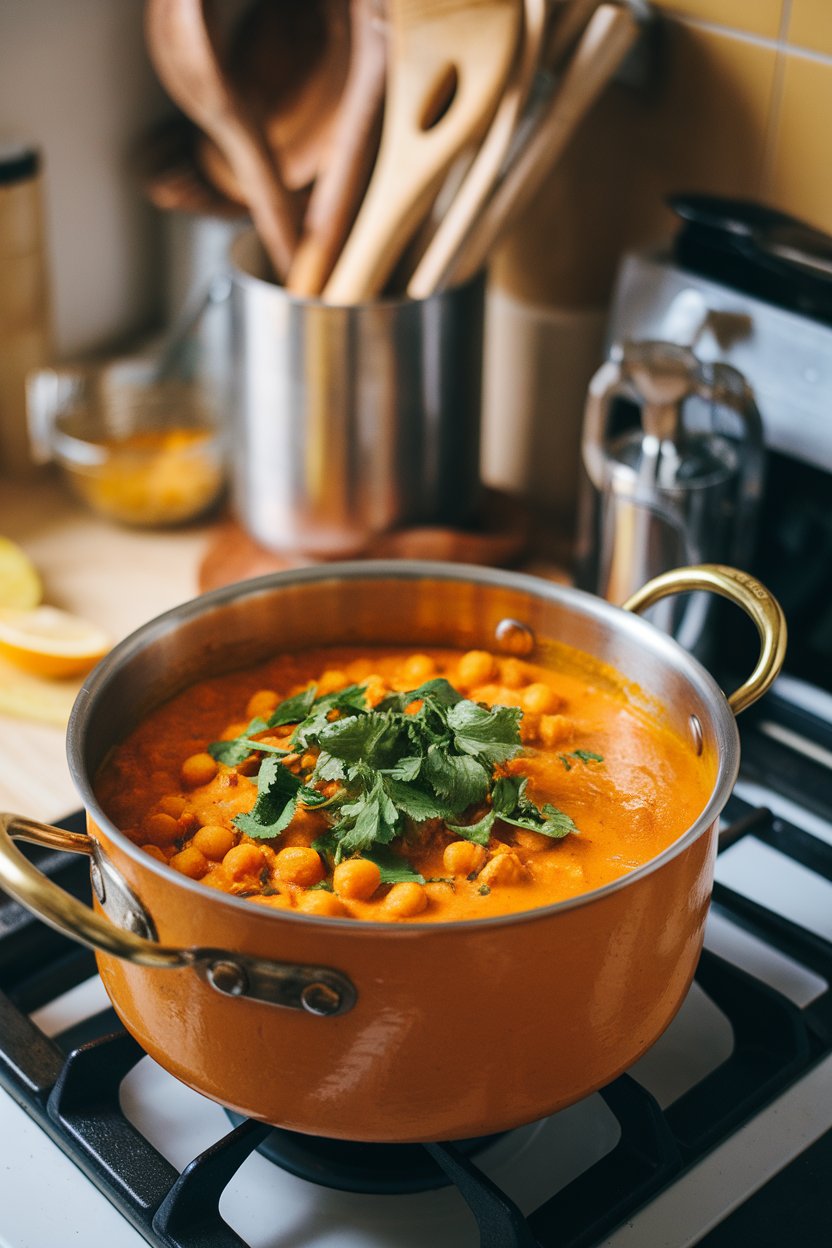 Indoor stovetop scene with a pot of vibrant orange pumpkin chickpea curry topped with fresh cilantro. Photo, no text or logos.