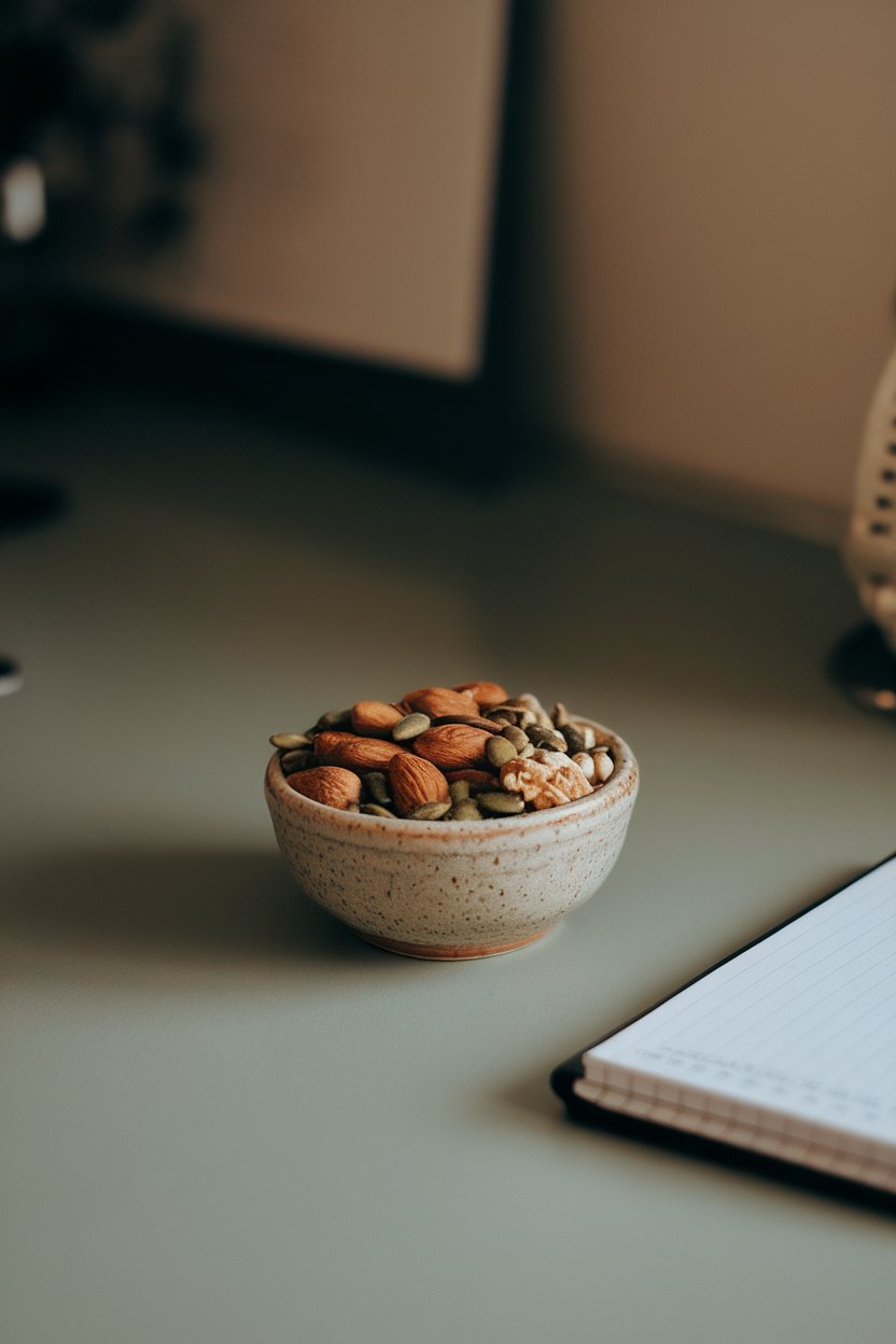 Photo — A small ceramic bowl of mixed almonds, walnuts, and pumpkin seeds on an indoor desk beside a notebook. No text or brand marks visible.