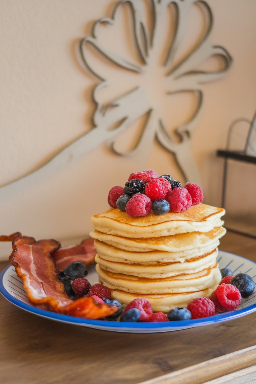 Indoor breakfast plate covered with fluffy pancakes stacked and crowned with mixed berries. No visible branding or text.