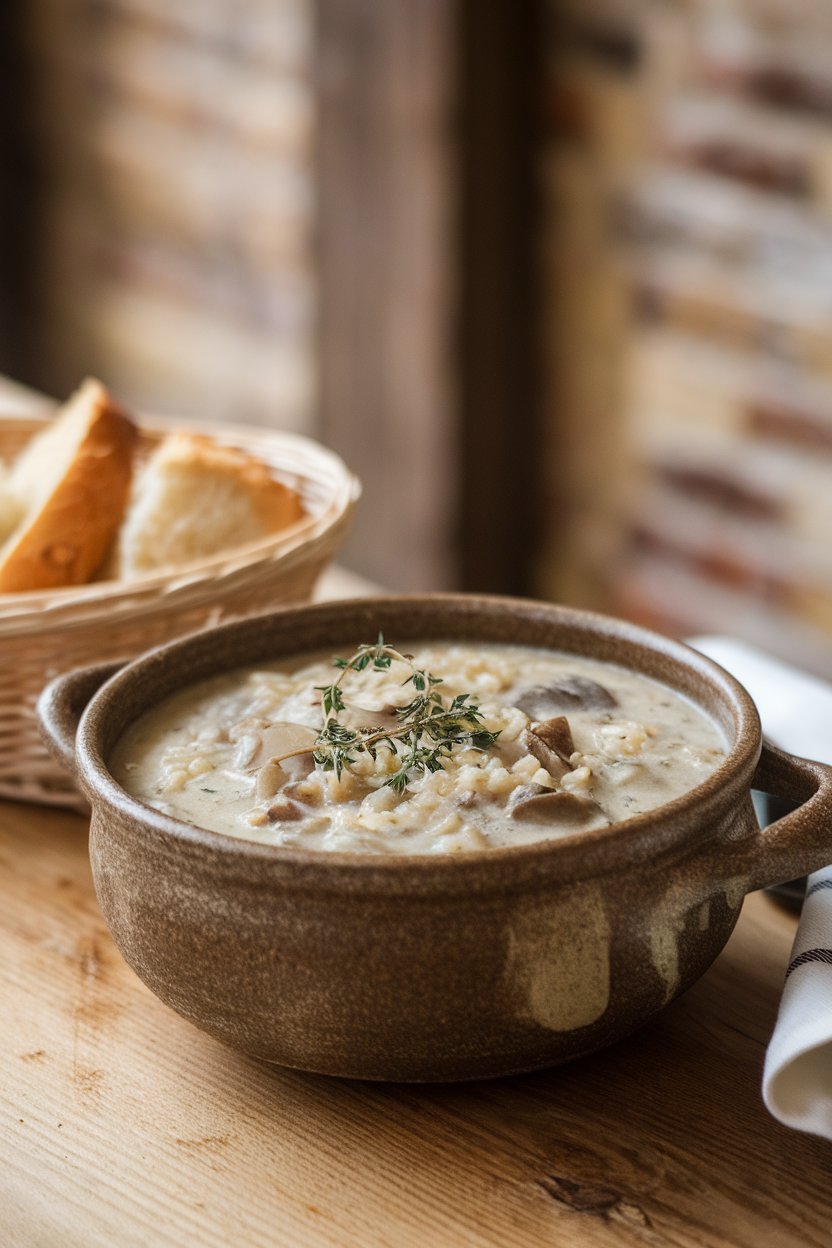 Indoor cabin table featuring a stoneware bowl of creamy mushroom and wild rice soup garnished with thyme. No text or logos. Photo.
