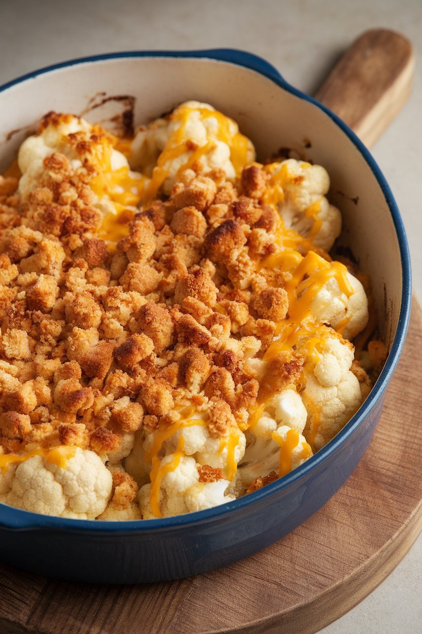 A casserole dish indoors showing cauliflower florets coated in melted cheddar, breadcrumb topping browned; no text or logos, photo only