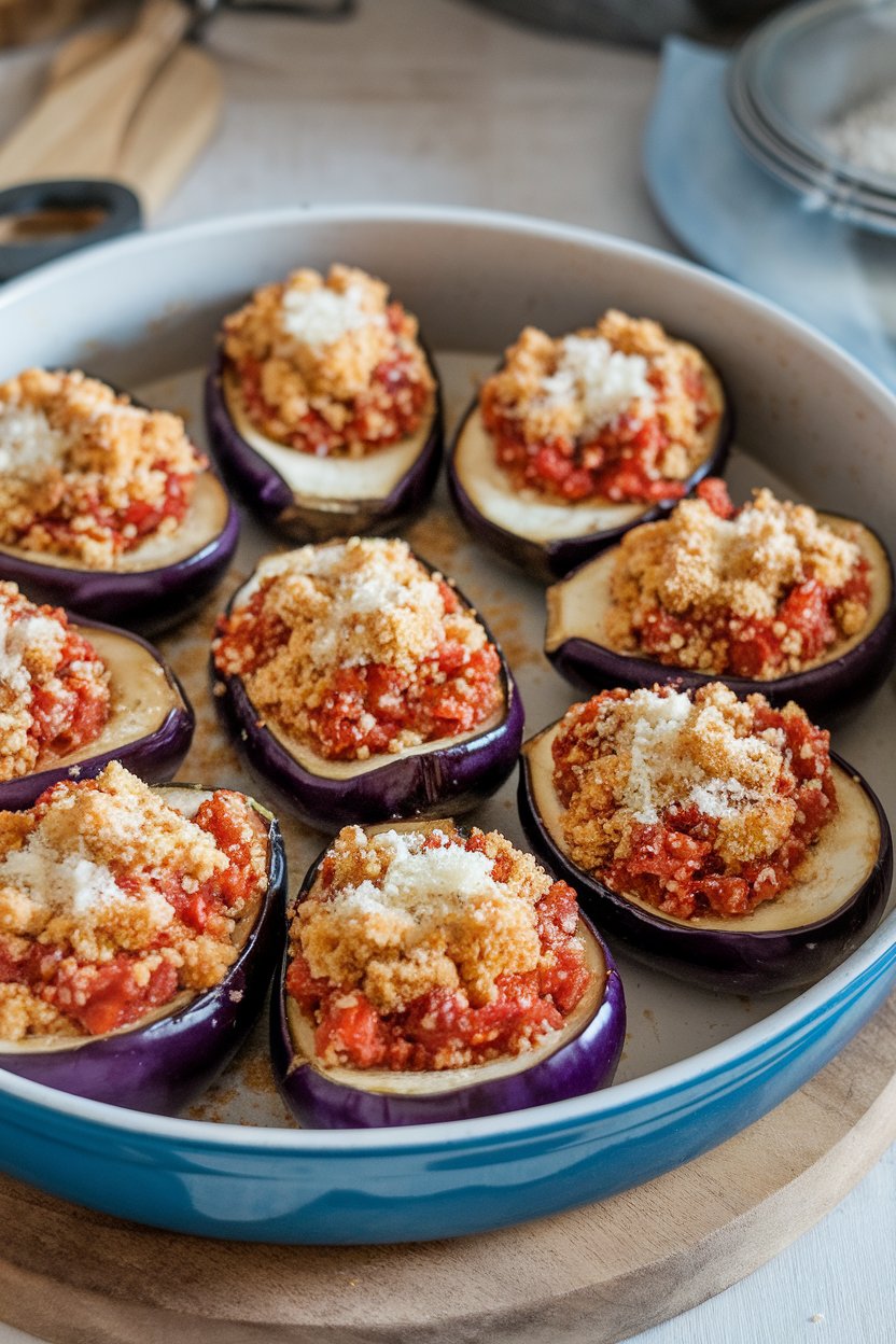 An indoor baking dish featuring halved eggplants filled with tomato-basil quinoa, topped with toasted breadcrumbs. No text or logos; photo, not illustration.