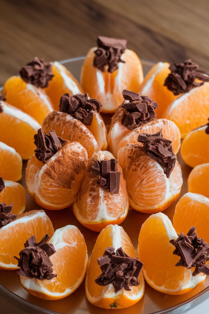 Indoor photo of segmented oranges arranged in a circle with a dusting of cinnamon and fine dark chocolate curls on top. No text or logos.