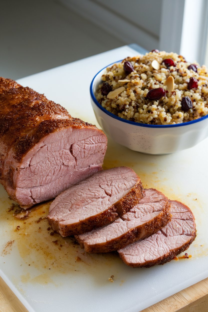 Indoor slicing board featuring juicy pork tenderloin medallions next to a bowl of colorful quinoa pilaf with cranberries and almonds. Photo, no text or logos anywhere.