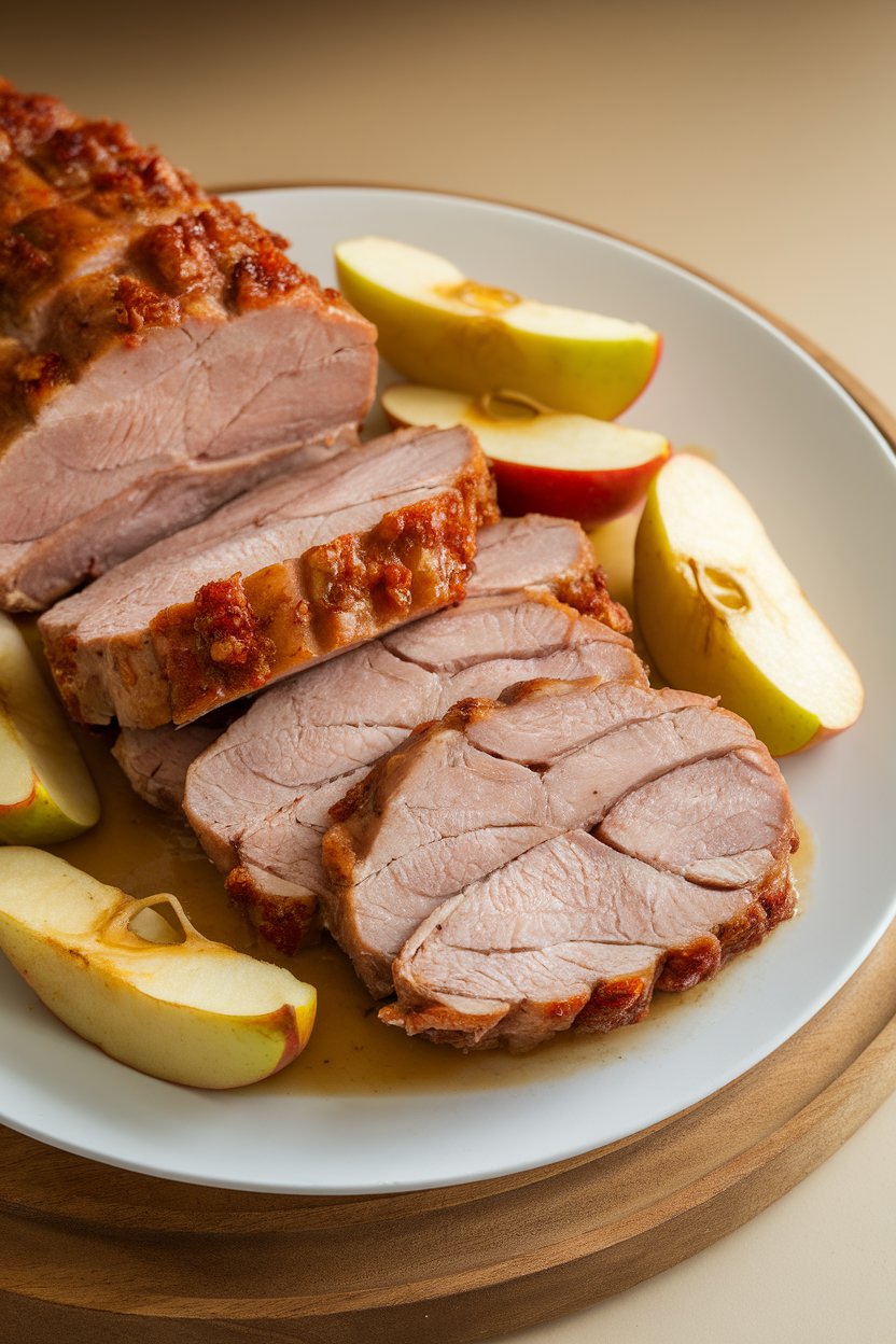 Indoor photo of sliced pork loin with cooked apple wedges in light honey mustard glaze, no text or logos