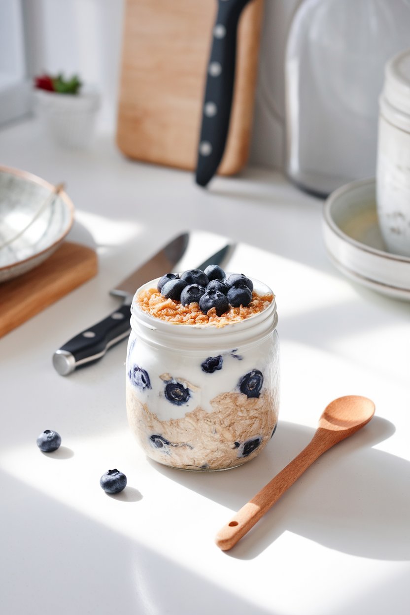 Indoor light-filled countertop photo of a jar of blueberry-studded oats topped with a swirl of Greek yogurt and crushed almond “crust.” No branding. Photo, not illustration.