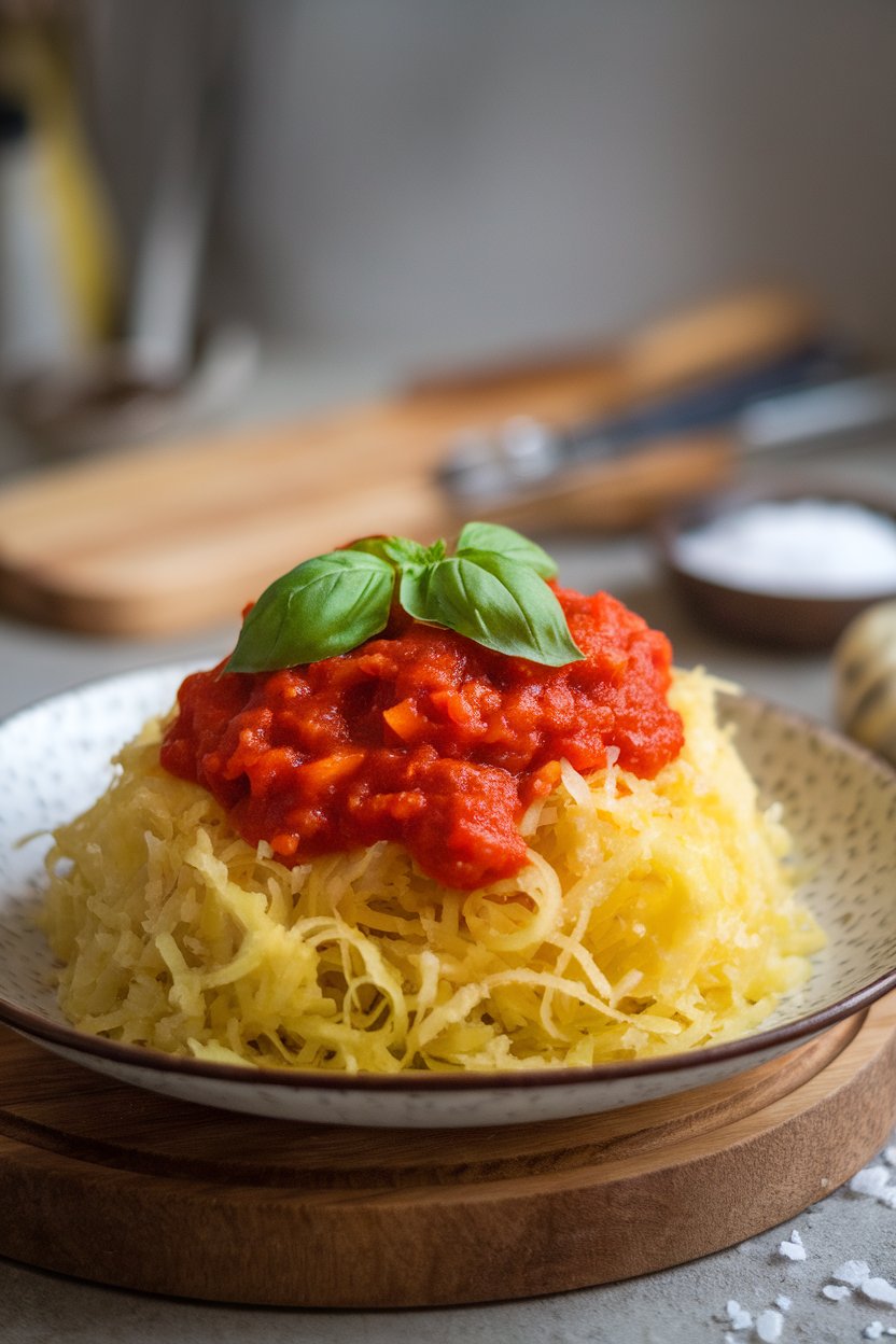 An indoor plate of cooked spaghetti squash strands topped with chunky marinara and basil, photo, no text or logos.