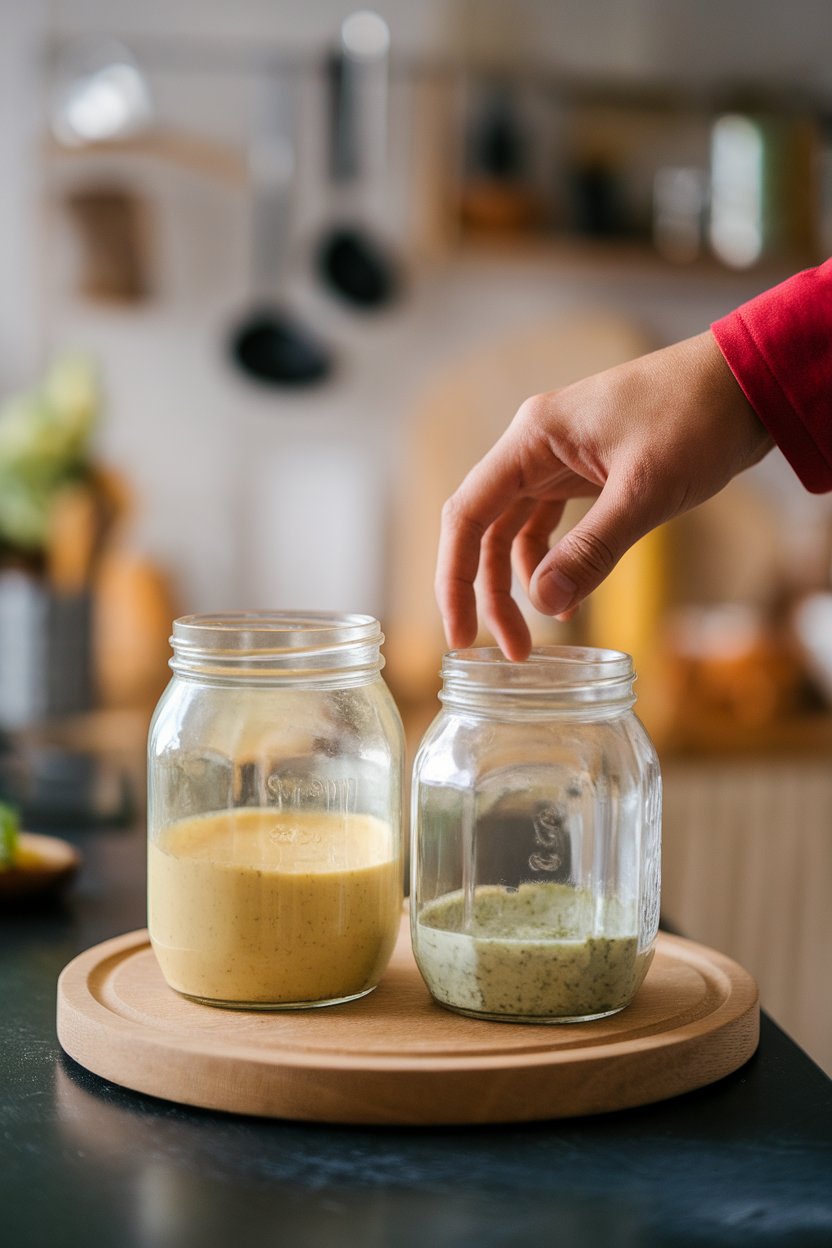 Photo — Two clear dressing jars indoors: one creamy and one light vinaigrette, with a hand reaching for the vinaigrette. No text or logos.