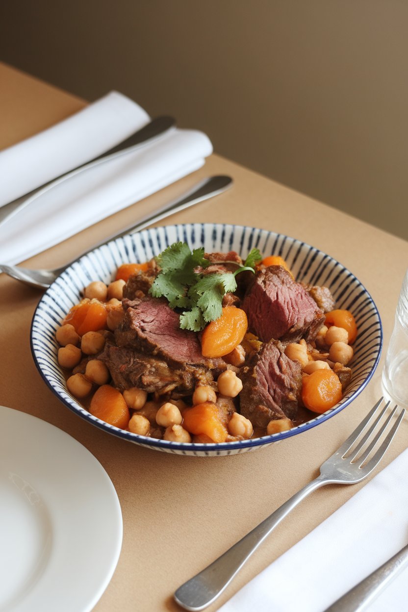 Indoor dining table featuring a shallow bowl of tender lamb chunks stewed with apricots, chickpeas, and warm spices, garnished with cilantro. Photo, no text or logos.