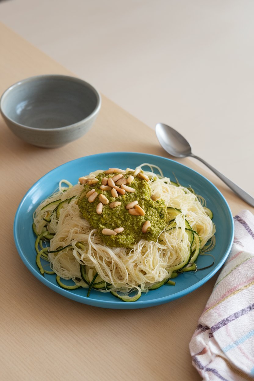 A bright indoor tablescape featuring a plate of angel-hair pasta mixed with zucchini noodles and vibrant green pesto, pine nuts scattered on top. No text or logos.