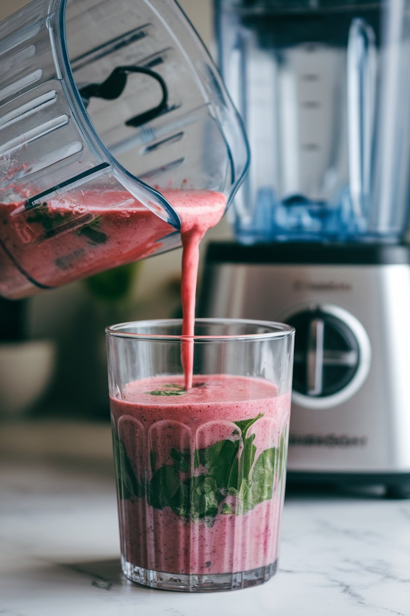 Photo of an indoor blender mid-pour, pouring a thick berry-spinach smoothie into a clear glass, vibrant colors visible. No text or logos in scene.