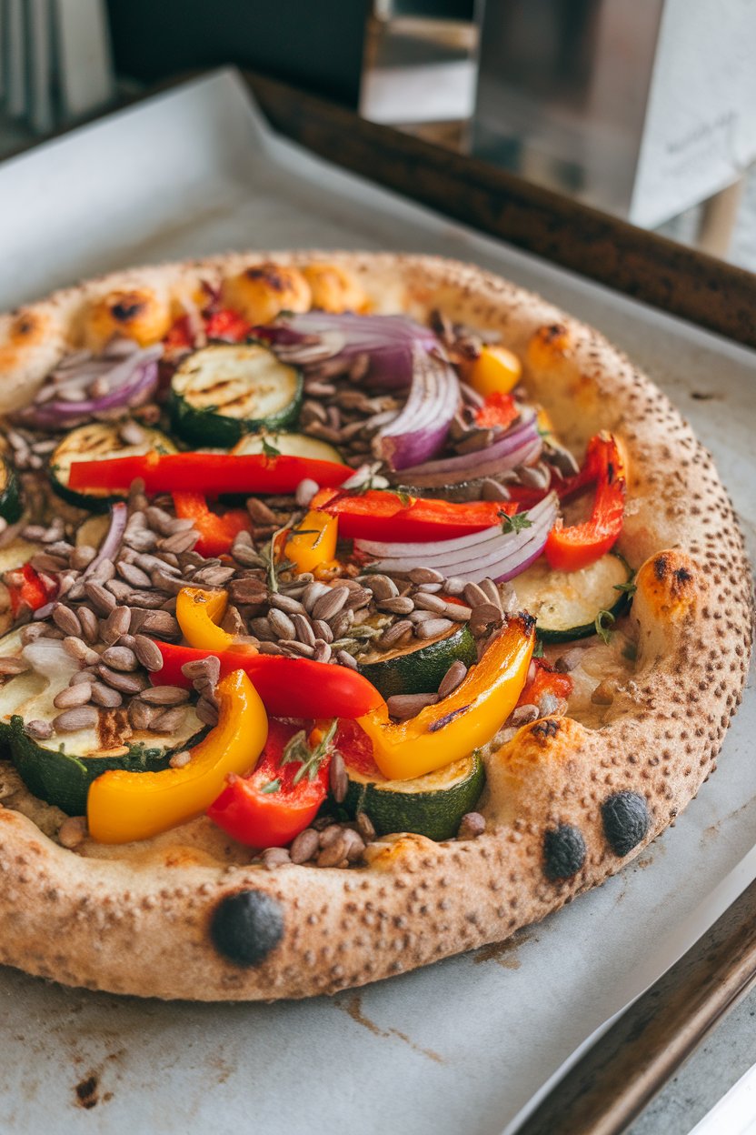 Indoor photo of thin crust studded with chia, flax, and sunflower seeds topped with mixed roasted veggies on a baking sheet, no text or logos