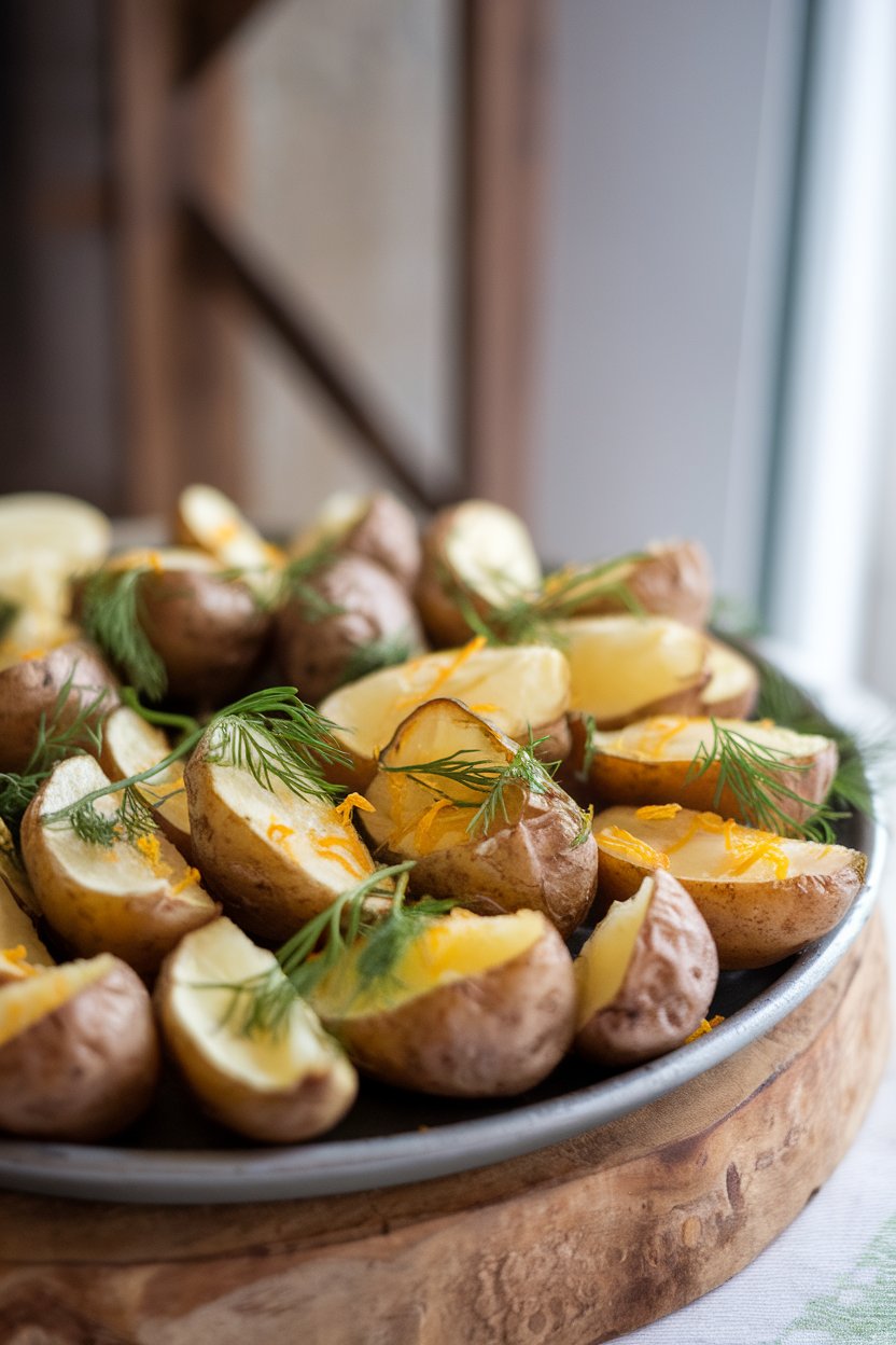 Indoor platter of small fingerling potatoes split lengthwise, roasted, and sprinkled with dill and lemon zest. No text or logos.