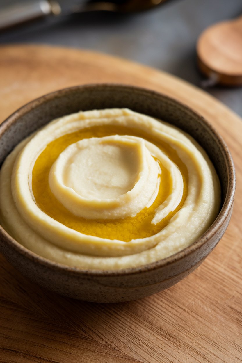 Indoor bowl of silky rutabaga purée, a drizzle of olive oil on top. No text or logos.