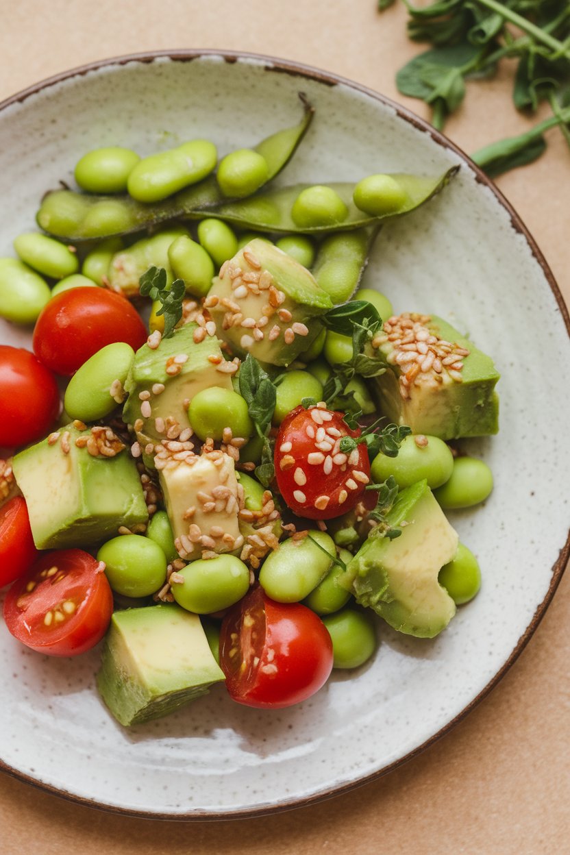 An indoor side plate with bright edamame beans, avocado cubes, cherry tomatoes, and sesame seeds lightly dressed. No text or logos. Photo.