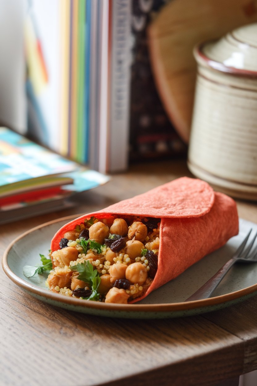 Indoor kitchen table with a wrap filled with spiced chickpeas, fluffy quinoa, raisins, and parsley on a tomato tortilla. No logos.