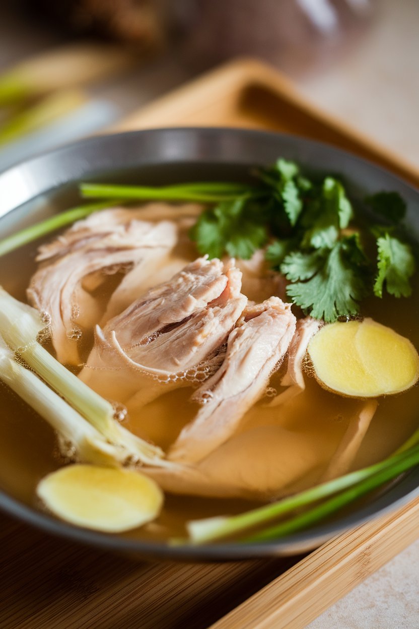 Indoor photo, medium close-up, clear broth with chicken shreds, lemongrass segments, and ginger coins visible; no text or logos