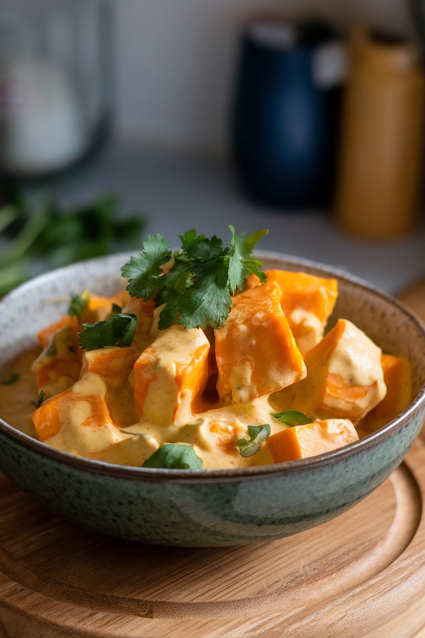 Photo of an indoor bowl with golden butternut squash chunks in a creamy coconut curry sauce, cilantro garnish, no text or logos