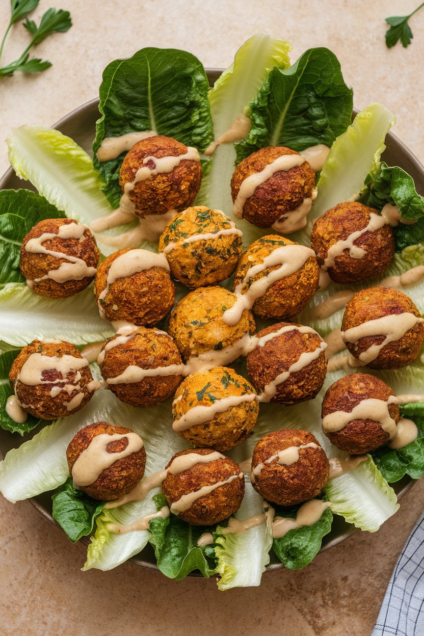 An indoor platter of romaine leaves filled with mini falafel balls and drizzled with creamy tahini; photo only, no text or logos.