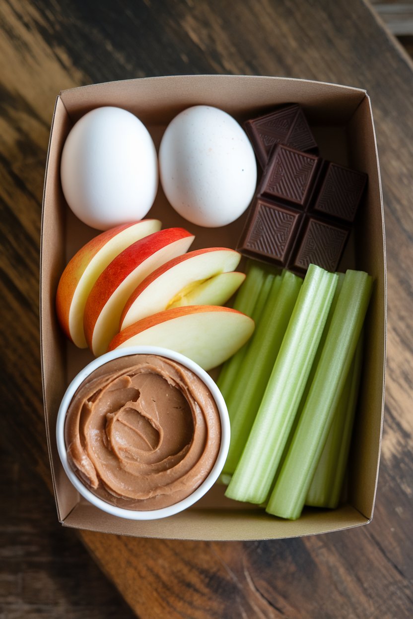 Indoor photo of a meal-prep box containing hard-boiled eggs, apple slices, dark chocolate squares, celery sticks, and a cup of natural peanut butter. No logos or text.