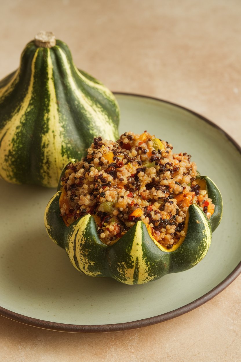 An indoor dinner plate showing green pointed gourd halves filled with colorful quinoa stuffing, lightly browned in a pan. No text or logos. Photo, not illustration.