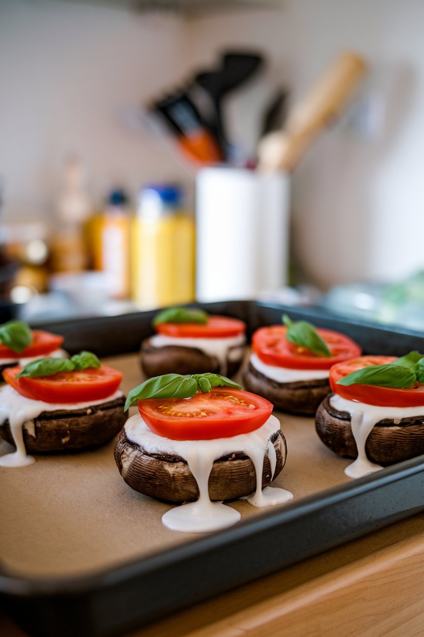 An indoor baking tray showing roasted portobello mushroom caps oozing mozzarella, topped with tomato slices and basil; no text or logos.