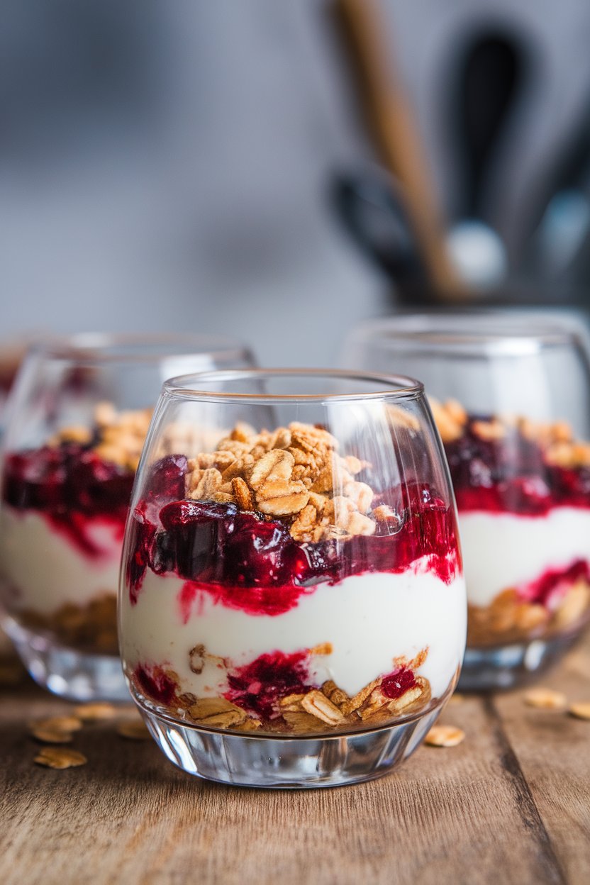Photo of clear indoor glasses layered with Greek yogurt, homemade cranberry sauce, and toasted oat crumble, no text or logos.