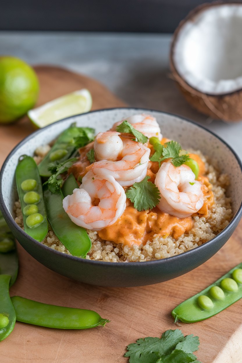 Indoor shot of quinoa topped with sautéed shrimp in coconut-lime sauce, snap peas, and chopped cilantro. No text or logos.