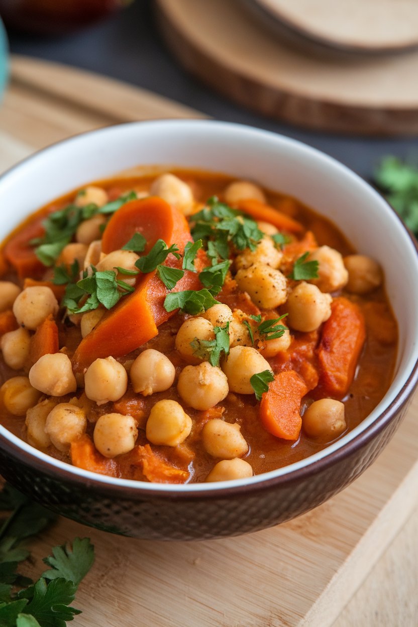 Indoor photo of a bowl of chickpea stew with apricots, carrots, and warm spices, topped with chopped parsley, no text or logos