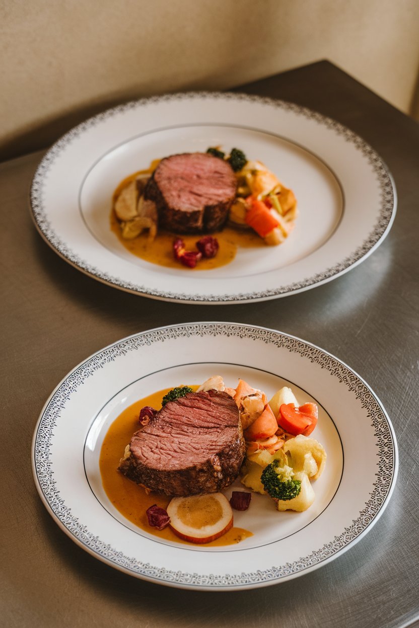 Photo — A side-by-side indoor shot of a standard dinner plate and a smaller salad plate, each holding identical food amounts, illustrating fuller appearance on the smaller plate. No logos or text.