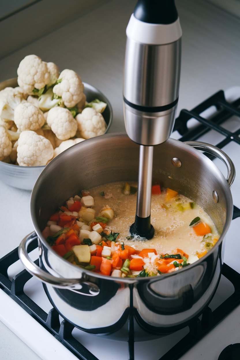 Indoor stovetop photo of an immersion blender pureeing a pot of vegetable soup, a bowl of frozen cauliflower florets beside it, no text or logos.