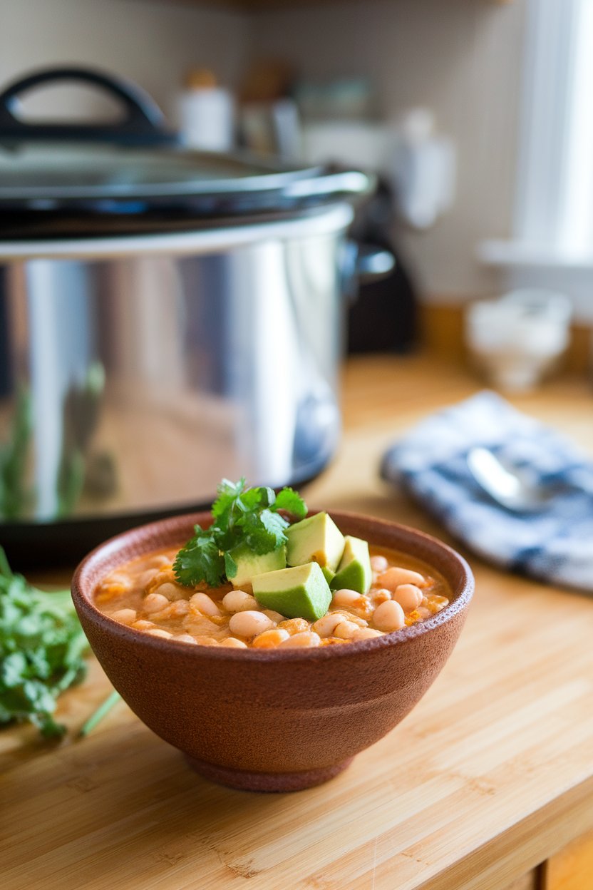 An indoor countertop with a ceramic bowl of white bean chicken chili topped with cilantro and avocado cubes, slow cooker visible behind; no text or logos; photo