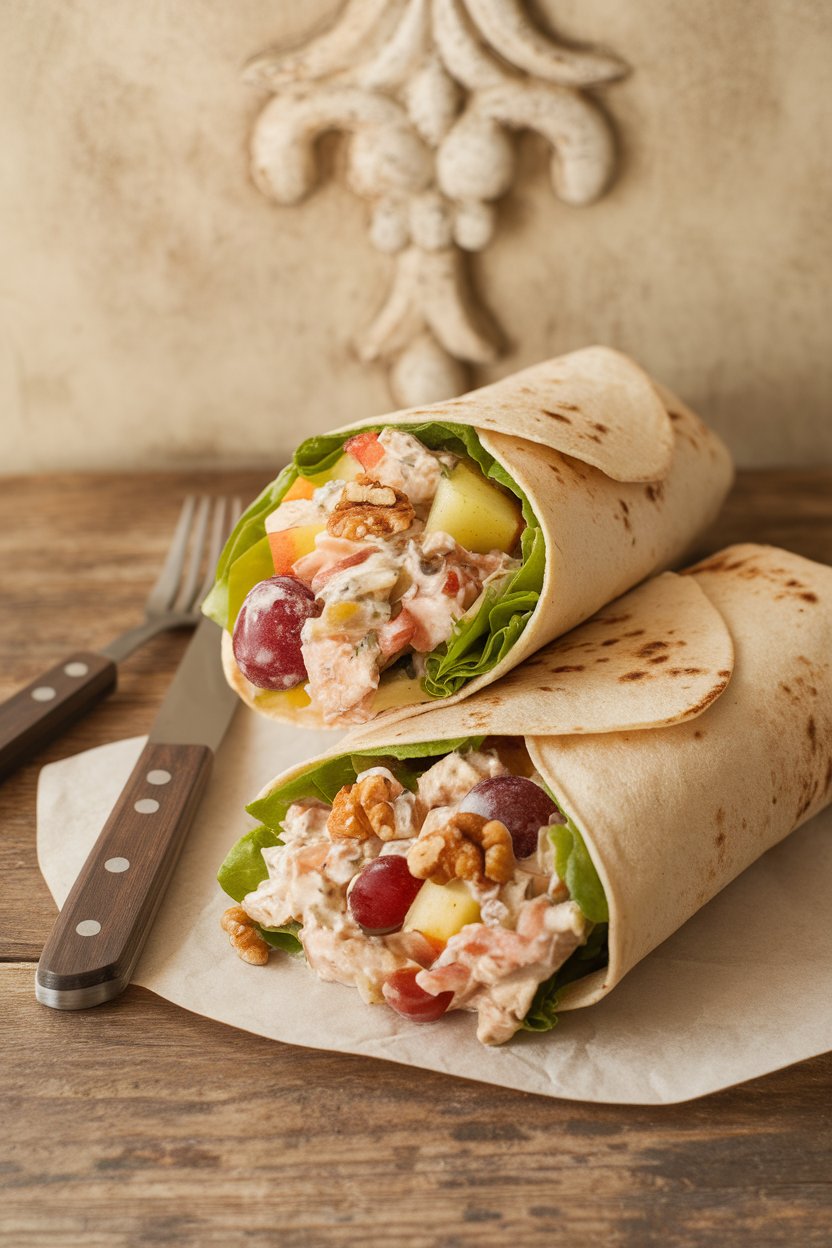 Indoor tabletop with a wrap showing chicken salad mixed with apples, grapes, and walnuts in yogurt dressing. No branding or text.