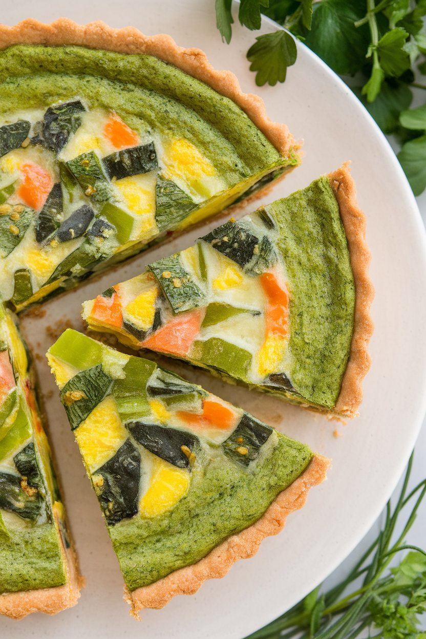 Indoor overhead photo of a vivid green quiche slice packed with chopped vegetables, no text or logos.